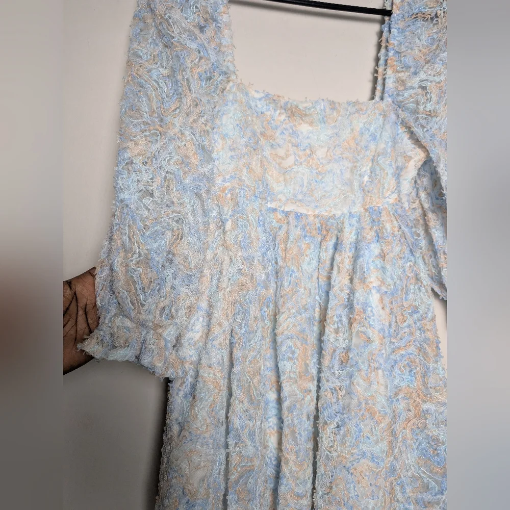 Storia Babydoll Dress Blue Tan Lacey Puff Sleeve Ruffle Square Neck Cottage Core - Picture 2 of 10